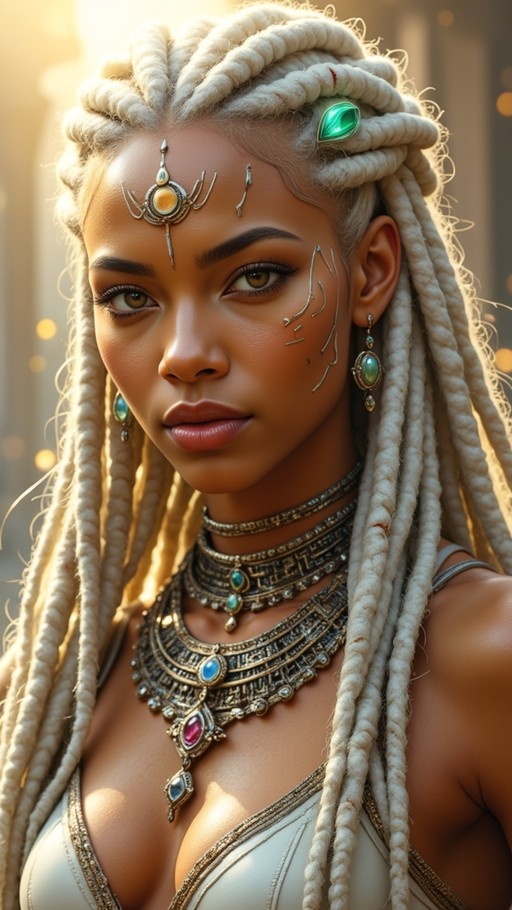 A close-up of a dark-skinned woman with long white dreadlocks wearing elaborate gold necklaces and facial jewelry against a warm background.