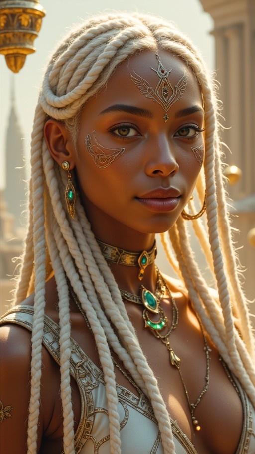 Close-up portrait of a dark-skinned woman with white braids wearing gold jewelry with green gems and metallic facial markings.