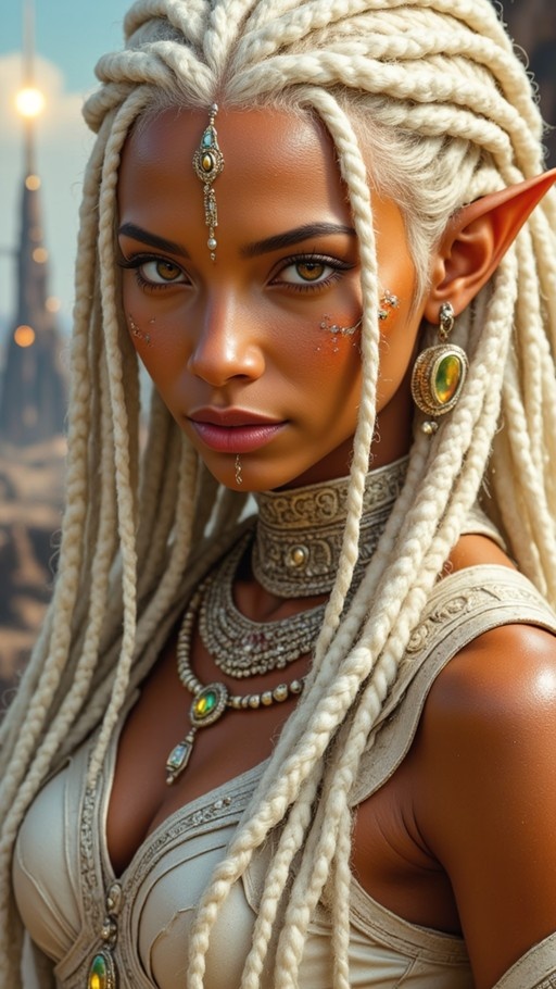 Close-up portrait of a dark-skinned female elf with white braids, pointed ears, and elaborate gold jewelry with green gems.