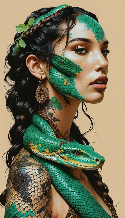 A realistic digital painting of a woman with dark braided hair and green snake scales on her face, with a large green snake wrapped around her neck.