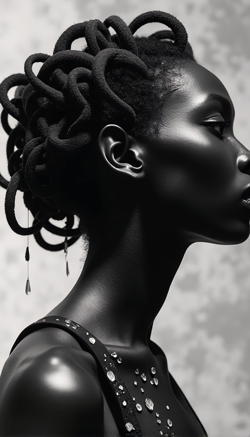 Greyscale profile of a dark-skinned woman with textured dreadlocks and gemstone jewelry.