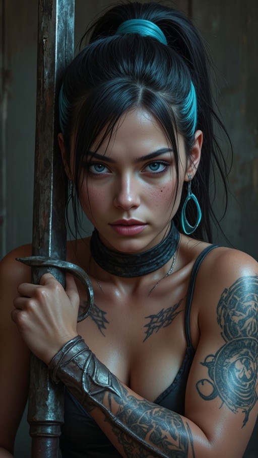Realistic portrait of a tattooed woman with dark hair in a high ponytail and blue streaks holding a large sword upright. She has blue eyes, freckles, and wears a black choker and hoop earrings.