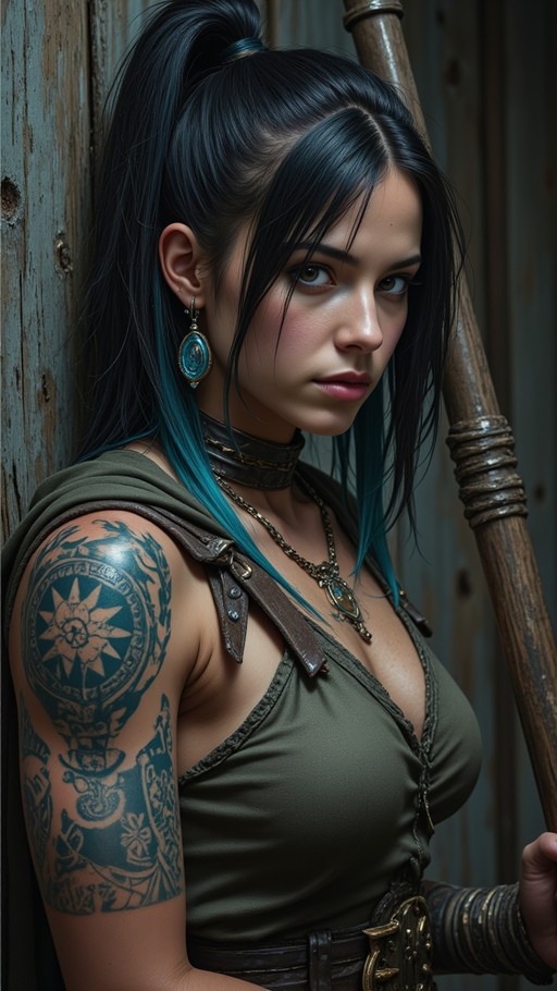 A realistic portrait of a fantasy warrior woman with dark hair and teal streaks, wearing an olive green top and holding a wooden staff while displaying a large arm tattoo.
