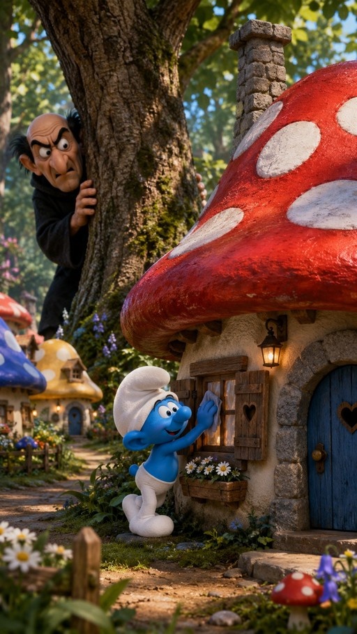 A blue Smurf cleans the window of a red mushroom house while Gargamel peeks from behind a tree in a sunny forest village.