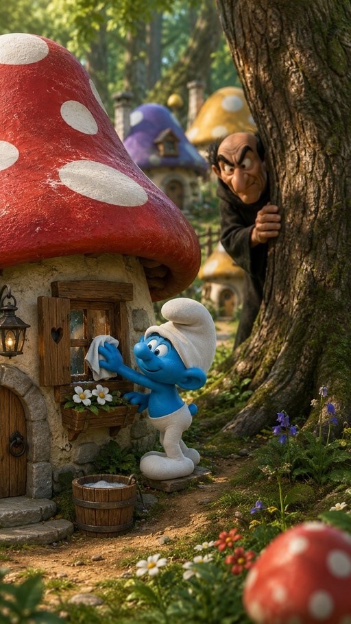 A blue Smurf cleans the window of a red mushroom house while Gargamel peeks from behind a tree in a colorful forest.
