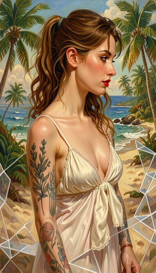 A side profile of a woman with brown hair in a ponytail and floral tattoos on her arms, wearing a white dress against a tropical beach background with palm trees.
