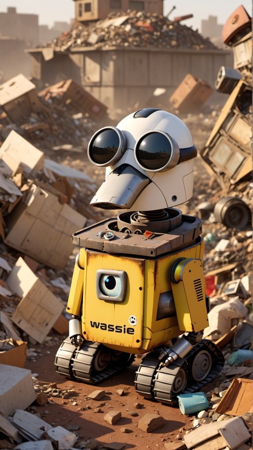 A cute yellow robot named Wassie with large goggles and caterpillar tracks sits in a pile of rubble.