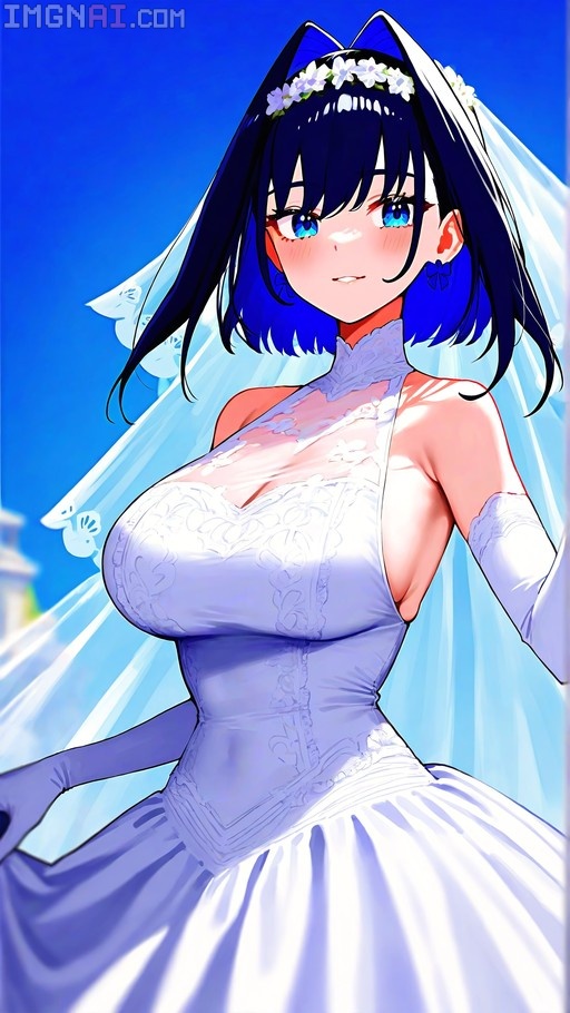 A digital illustration of Ouro Kronii wearing a white wedding dress and veil against a blue sky.