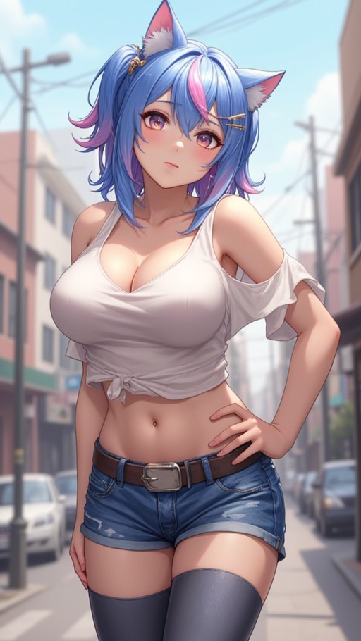 An anime-style illustration of a young woman with blue hair and cat ears, wearing a white off-shoulder crop top and denim shorts, posing on a city street.