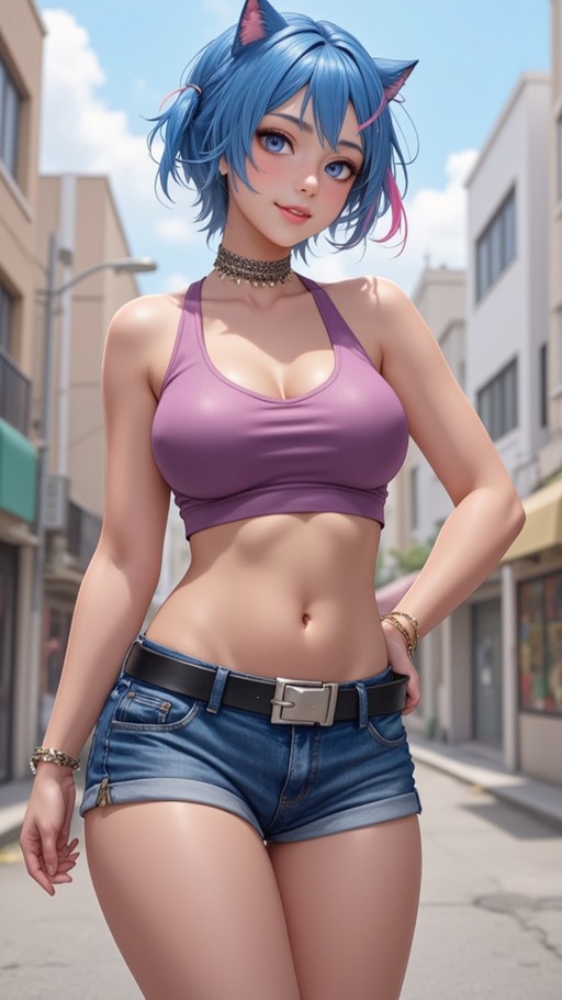 A blue-haired cat girl in a purple crop top and denim shorts stands on a city street.