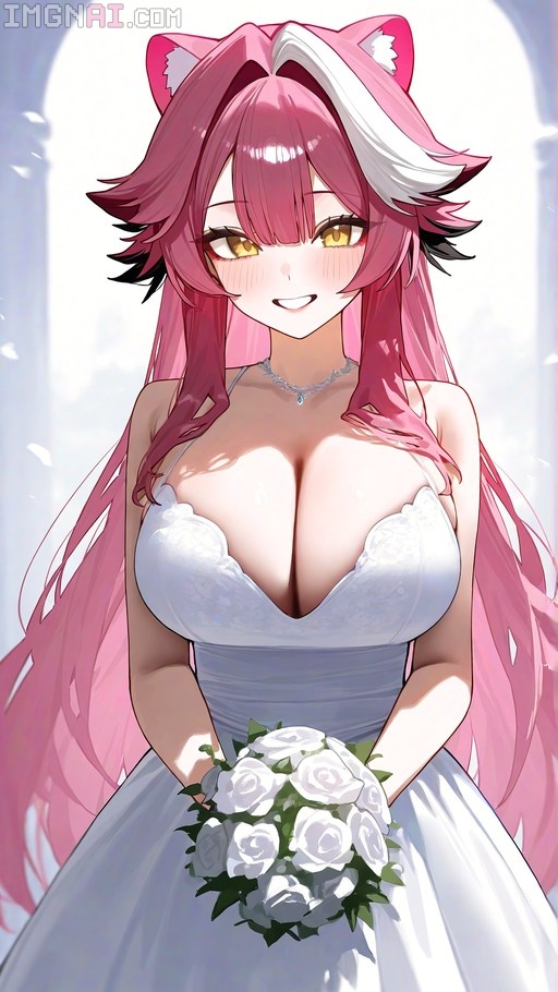 Raora Panthera wearing a white wedding dress and holding a bouquet of white roses.
