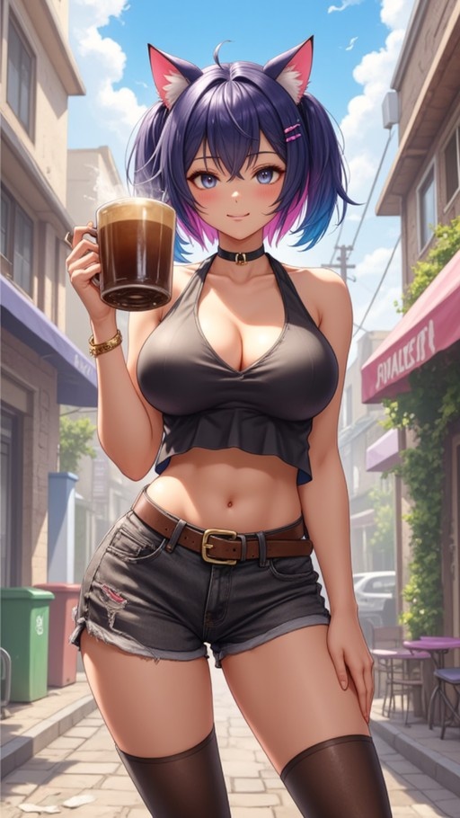 Purple-haired anime cat girl holding a mug on a sunny street wearing denim shorts and a black halter top