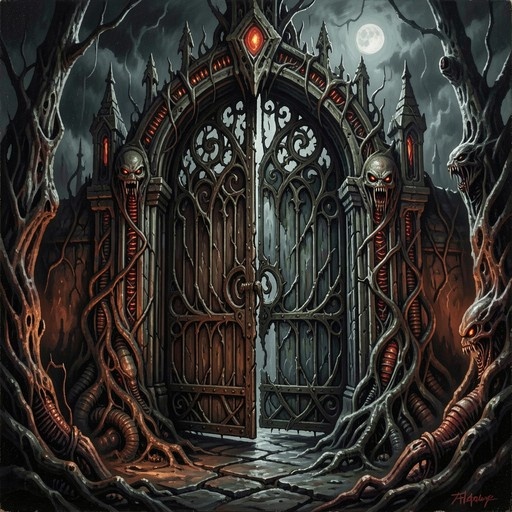 A dark fantasy scene featuring an ornate gothic iron gate flanked by two monstrous skulls with glowing red eyes, set against a stormy night sky with a full moon.