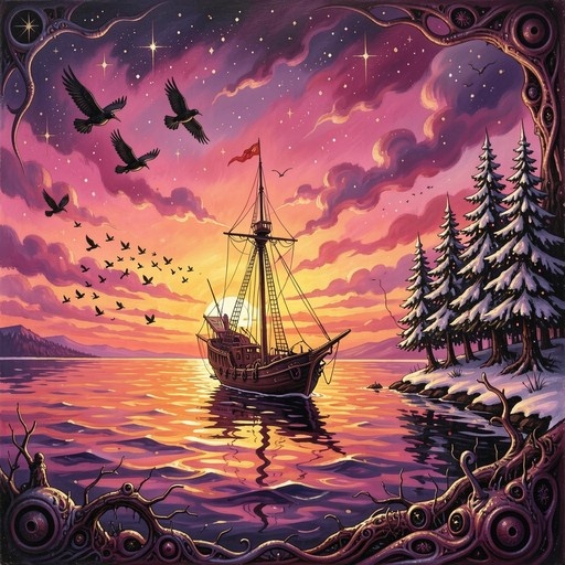 A wooden sailing ship floats on calm waters beneath a vibrant purple and orange sky filled with stars, framed by an organic border with eyes and flanked by snow-covered pine trees.