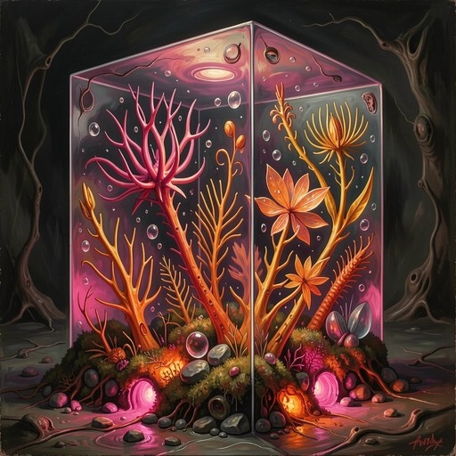 A surreal digital painting of a bioluminescent coral reef inside a glass cube, featuring vibrant pink and orange plants, rising bubbles, and glowing lights at the base against a dark background with twisted roots.