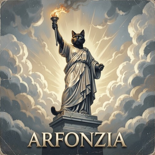 A digital painting of a black cat statue wearing a white toga and holding a flaming torch aloft against a cloudy sky with the text "ARFONZIA" below.