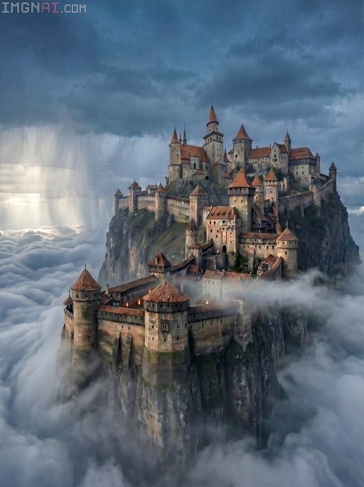 A majestic medieval castle perched atop a steep mountain peak rising above a sea of clouds with sunlight breaking through the dramatic sky.