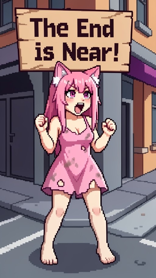 A pixel art image of a pink-haired cat girl in a torn pink dress holding a sign that says "The End is Near!"