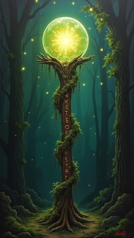 A vertical painting of a large mossy tree in a dark forest with its branches holding a bright glowing sphere, surrounded by floating light particles and runic text on the trunk.