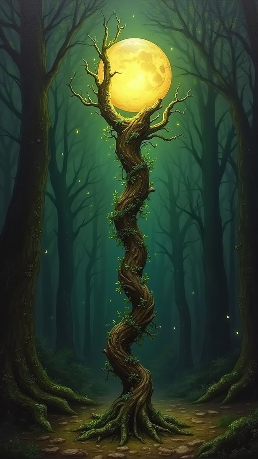 A tall, twisted tree stands in a misty forest at night, its branches framing a large golden full moon while fireflies glow nearby.