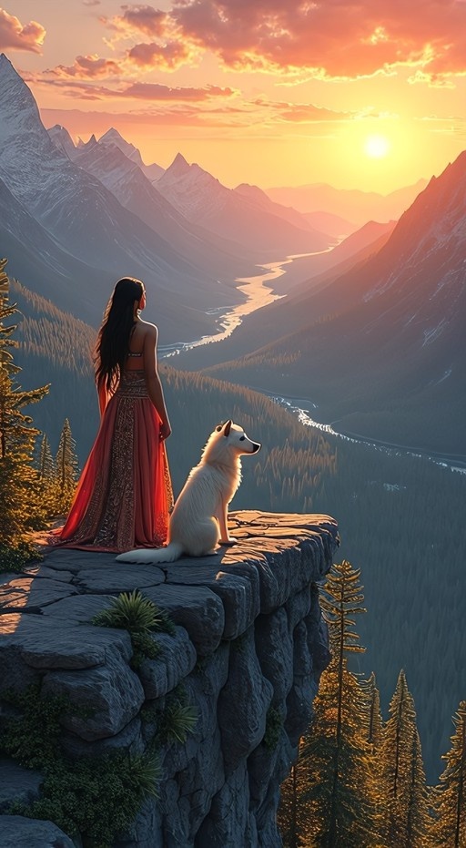 A woman in a long red dress stands on a cliff edge next to a white dog, looking out at a mountain range and river during sunset.