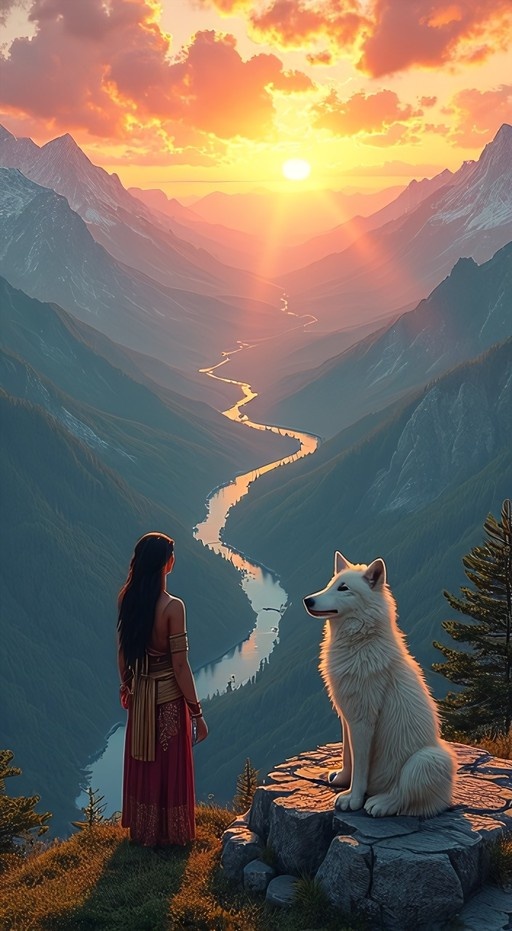 A dark-skinned woman with long black hair stands beside a large white wolf on a rocky cliff, overlooking a winding river in a vast mountain valley during sunset.