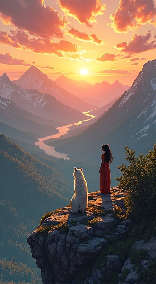 A girl in a red dress and a white cat stand on a rocky cliff overlooking a mountain valley with a winding river at sunset.