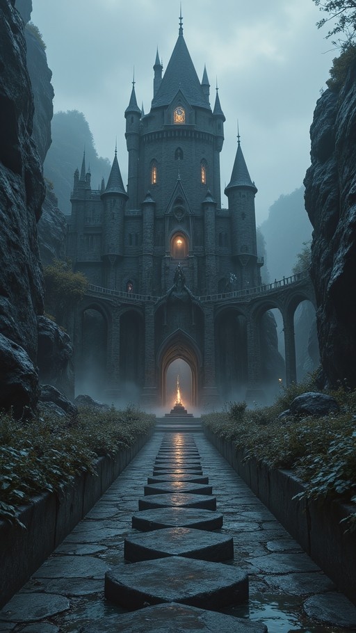A long stone path leads through a foggy canyon to a dark castle with glowing windows and a fire at the entrance.