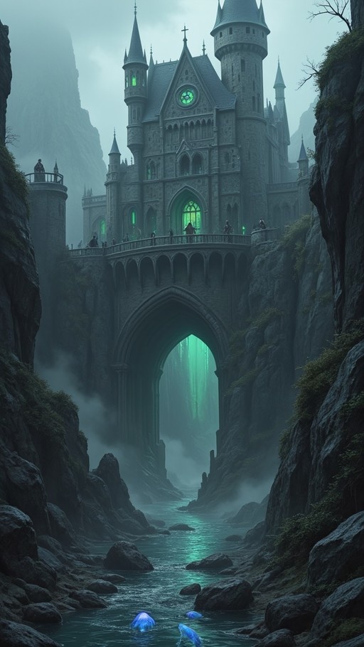 A gothic castle with glowing green windows sits on a cliff above a misty river, connected by an arched bridge, with blue glowing creatures in the water below.