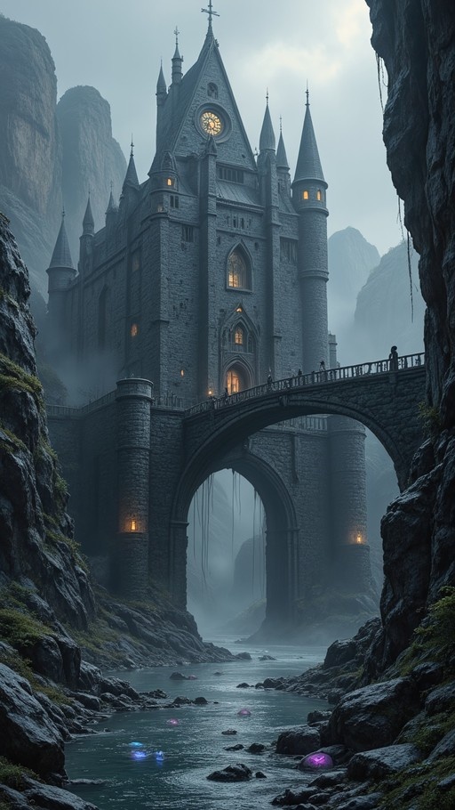 A large dark stone castle with lit windows sits on a high arch bridge over a river in a foggy gorge, with glowing lights floating on the water.