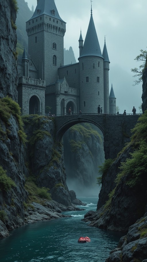 A grey stone castle with pointed towers sits on a cliff above a river gorge, connected by an arched bridge where people are walking, and a large pink mass floats in the water below.