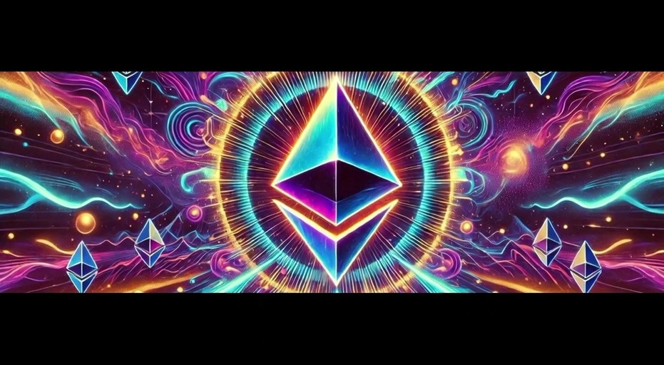 A glowing Ethereum logo surrounded by neon rings and floating crystals in a colorful space background.