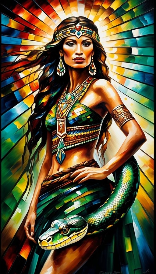 A dark-skinned woman with long brown hair wearing elaborate gold and gemstone jewelry stands with a large green snake coiled around her waist against a vibrant sunburst background.
