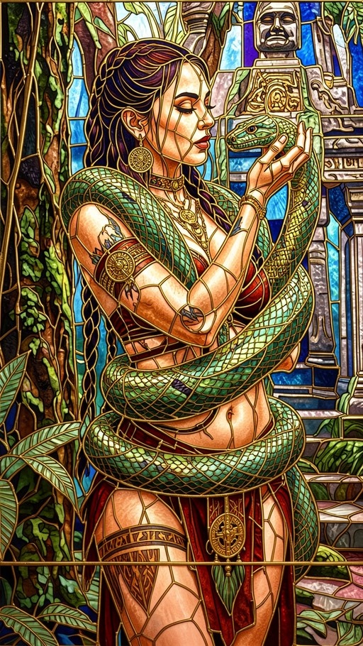 Stained glass style illustration of a tattooed woman with closed eyes holding a large green snake coiled around her body in a jungle temple setting.