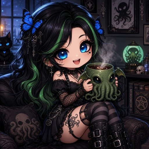 A chibi anime girl with black and green hair and fangs sits on a couch holding a steaming green octopus mug, surrounded by gothic decor and a black cat.