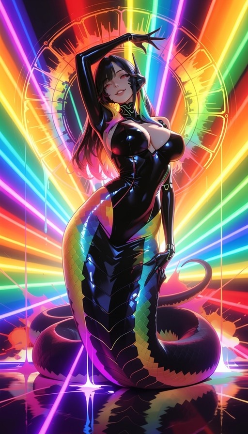 A digital illustration of a lamia with long black and multicolored hair wearing a shiny black latex bodysuit, posing against a background of radiating neon rainbow lights.