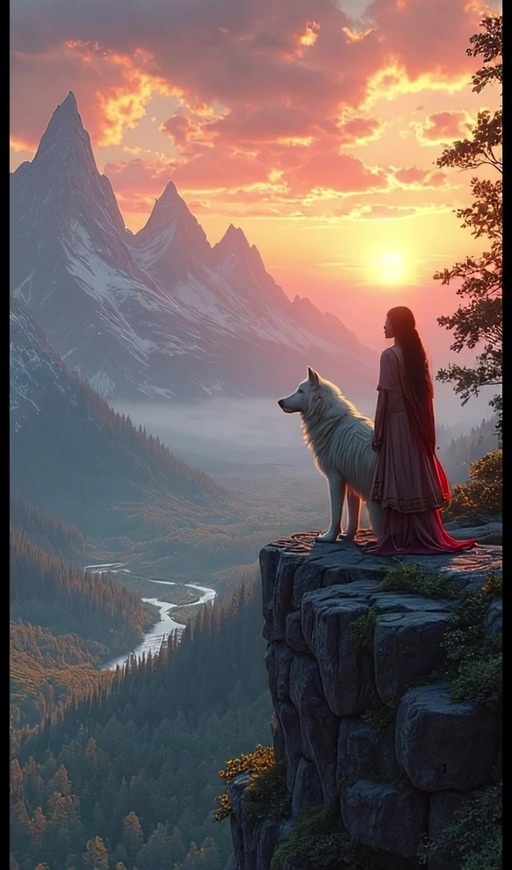 A woman in a red dress stands next to a large white wolf on a cliff edge overlooking mountains at sunset, which then transitions into a fantasy castle scene.