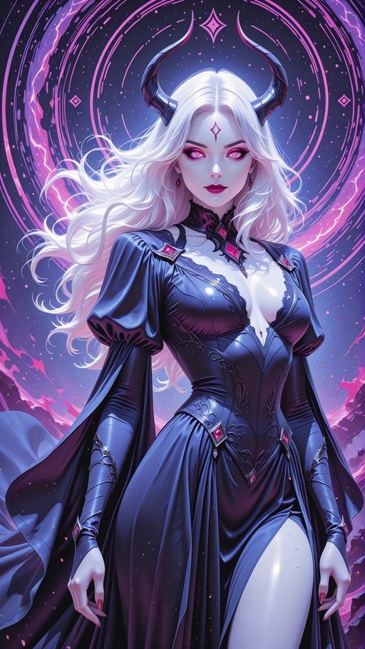 A white-haired demoness with large curved black horns and glowing pink eyes stands in a dark blue gown with red gem accents against a swirling purple magical background.