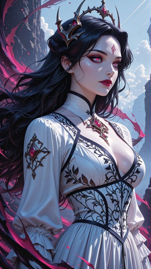 A fantasy woman with long black hair and red eyes wearing a white dress with black details and a spiky crown against a blue sky.