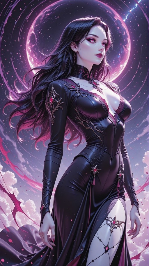 A digital illustration of a fantasy woman with long dark hair and pink eyes wearing a black dress with silver details, standing in front of a large pink moon.