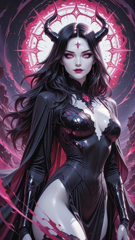 A portrait of a pale-skinned female demon with long black hair and large curved horns, wearing a shiny black dress and cape against a pink magical background.