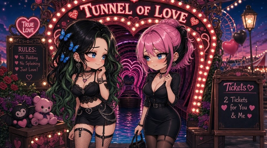 Two anime girls with black and pink hair stand in front of a lit Tunnel of Love entrance at night, surrounded by carnival signs and stuffed animals.