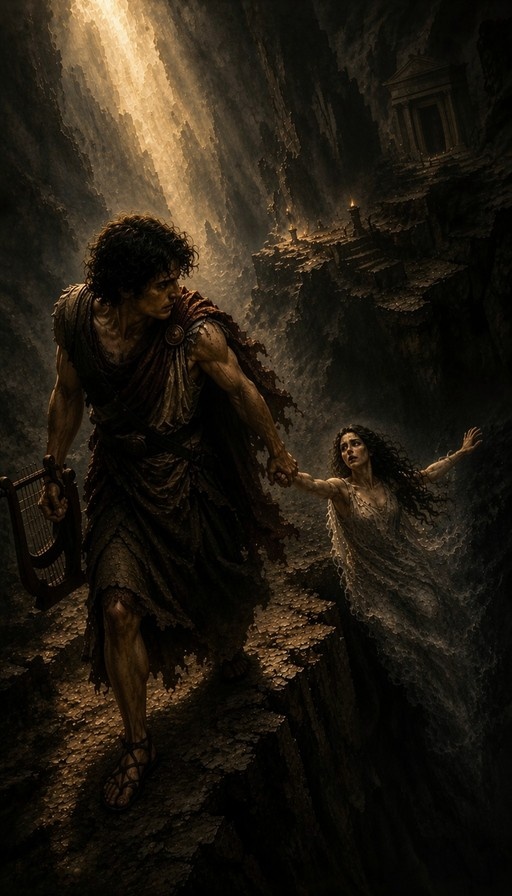 A muscular man with a lyre leads a woman by the hand up rocky stairs in a sunlit cavern with ancient ruins.