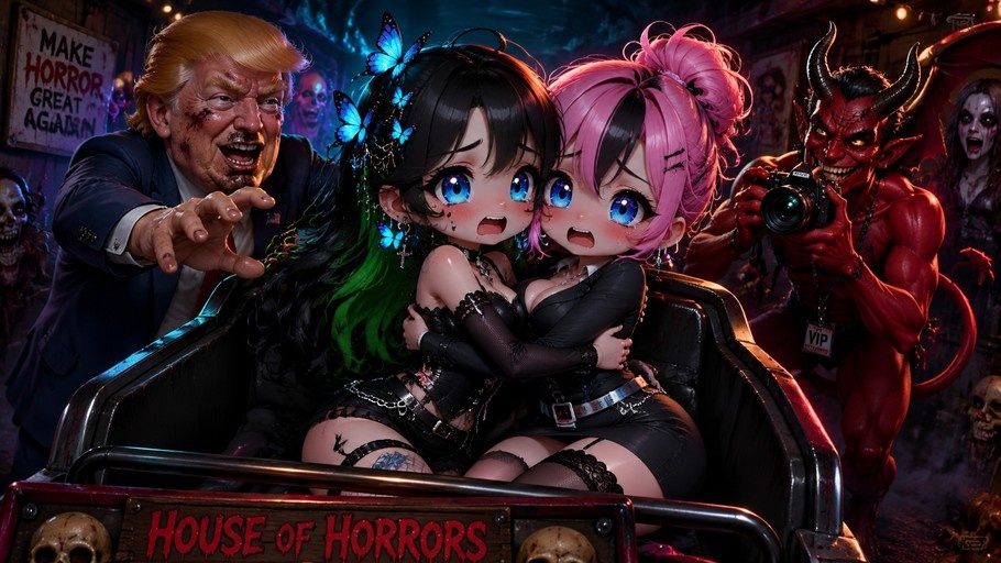 Two anime girls in a haunted house ride car looking scared, with zombie Trump and a red demon behind them.