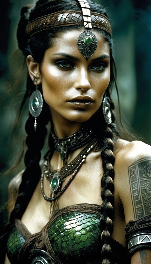 A realistic digital illustration of a dark-skinned fantasy warrior woman with long black braids, wearing elaborate silver and emerald jewelry including a forehead piece and large earrings, and green scale armor.