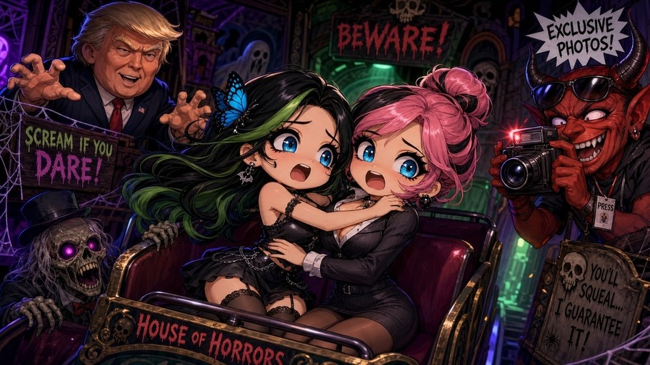 Two startled anime-style girls sit in a haunted house ride vehicle while a red devil with sunglasses takes their photo and Donald Trump lurks nearby.