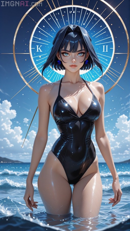 Ouro Kronii stands waist-deep in the ocean wearing a glossy black swimsuit with her signature clock halo behind her against a blue sky.
