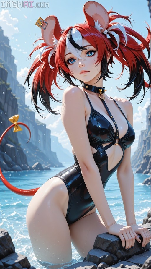 Hakos Baelz kneeling on rocks in a shiny black swimsuit with mouse ears and tail by the ocean.