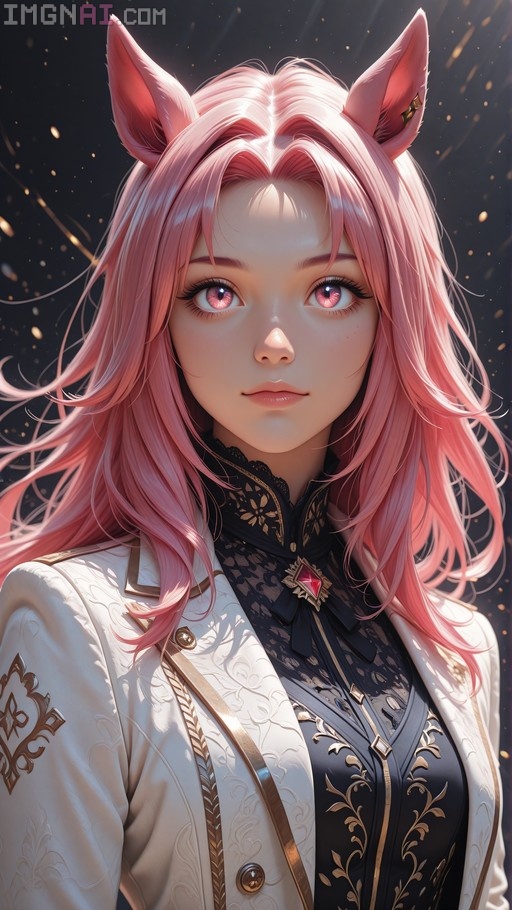 A portrait of a pink-haired anime-style woman with tall animal ears wearing a white jacket with gold embroidery and a black lace top against a dark background with golden particles.