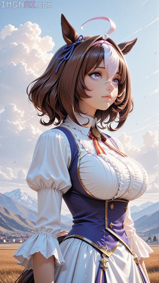 A digital illustration of the anime character Meisho Doto from Umamusume, featuring brown hair with a white streak and horse ears, standing outdoors against a backdrop of mountains and clouds.